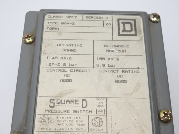 SQUARE D 9012GAW2 SER. C 1-40PSI NSNP