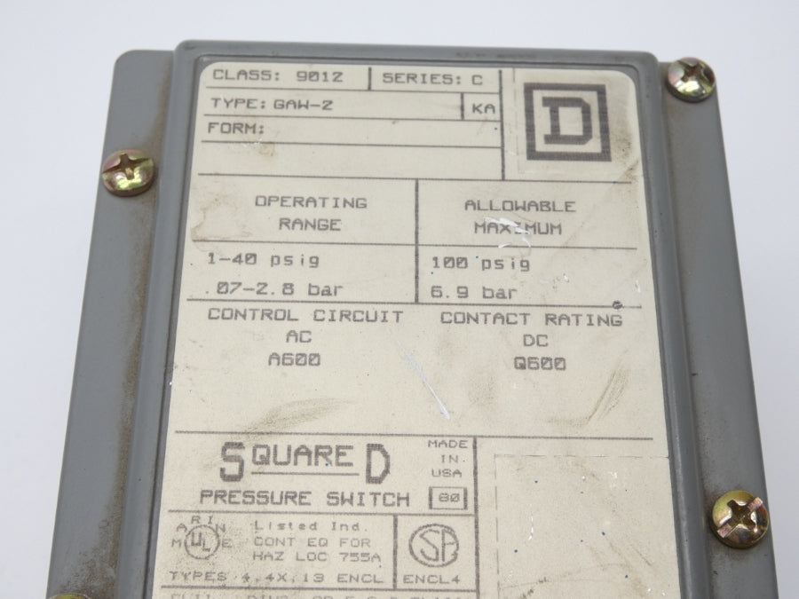SQUARE D 9012GAW-2 SER. C 1-40PSI NSNP