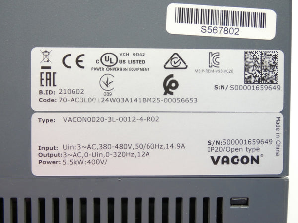 VACON VACON0020-3L-0012-4-R02 380-480V 14.9A UNMP