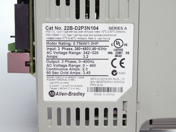 ALLEN BRADLEY 22B-D2P3N104 SER. A F/W 6.02 342-528VAC 3.2A (NO COVER) NSNP