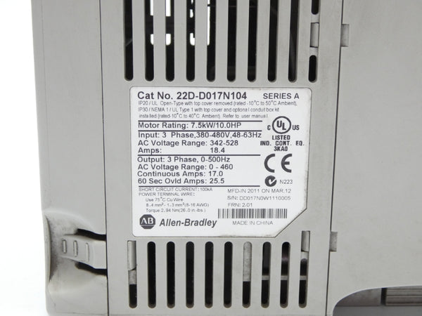 ALLEN BRADLEY 22D-D017N104 SER. A F/W 2.01 342-528VAC 18.4A UNMP