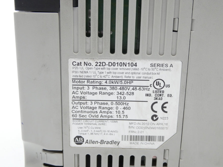 ALLEN BRADLEY 22D-D010N104 SER. A F/W 2.01 342-528VAC 13.0A NSNP