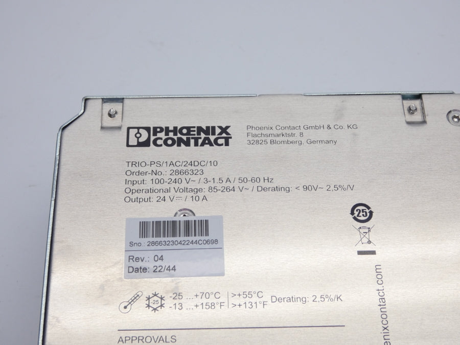 PHOENIX CONTACT TRIO-PS/1AC/24DC/10 2866323 REV. 04 100-240V 10A NSNP