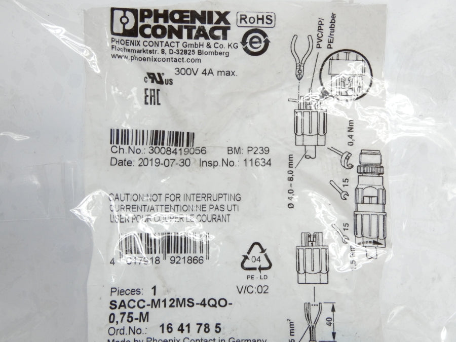 PHOENIX CONTACT SACC-M12MS-4QO-0.75-M 1641785 300V 4A NSNP