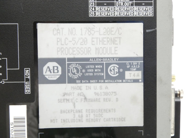 ALLEN BRADLEY 1785-L20E SER. C F/W D 5VDC 3.6A (NO KEY) UNMP