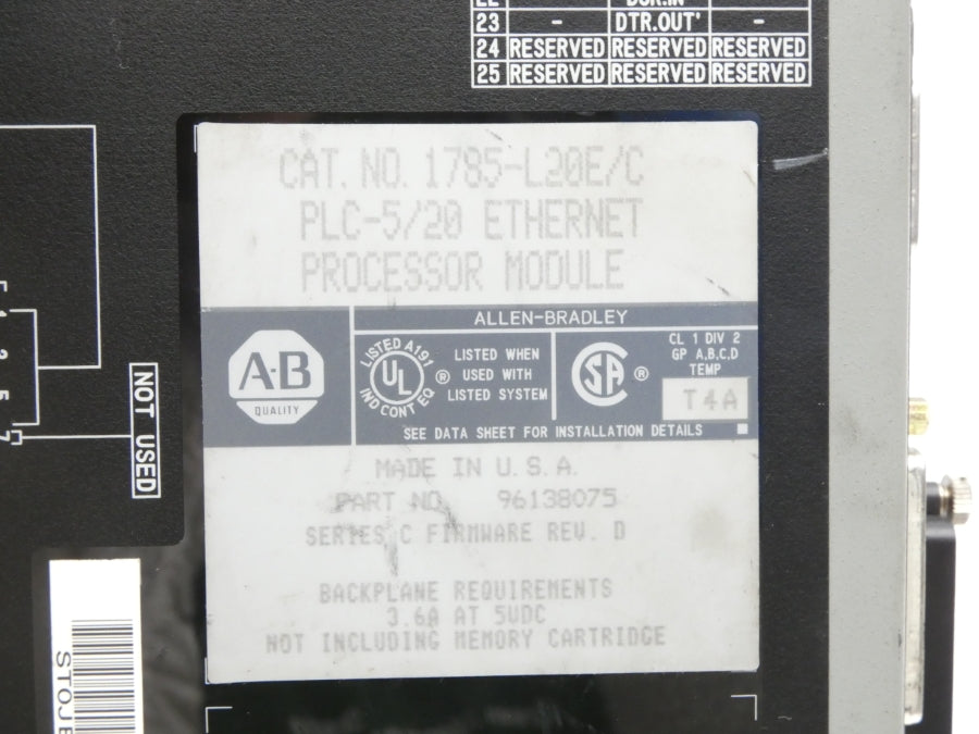 ALLEN BRADLEY 1785-L20E SER. C F/W D 5VDC 3.6A (NO KEY) UNMP