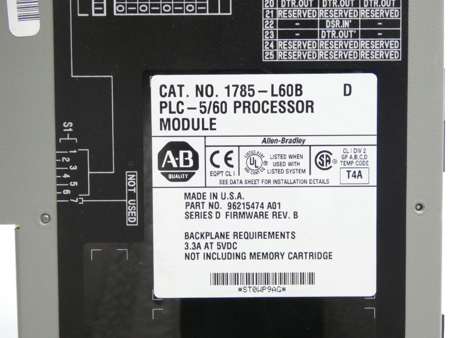 ALLEN BRADLEY 1785-L60B SER. D F/W B 5VDC 3.3A (NO KEY) UNMP