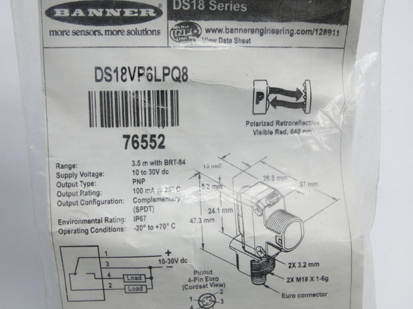 BANNER ENGINEERING DS18VP6LPQ8 76552 10-30VDC NSMP