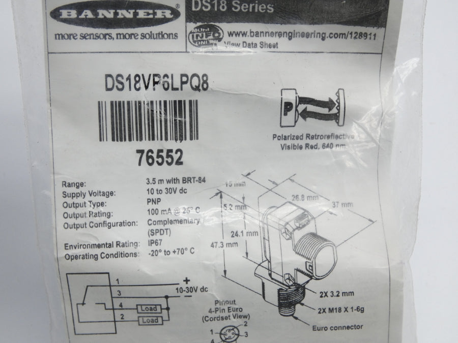 BANNER ENGINEERING DS18VP6LPQ8 76552 10-30VDC NSMP
