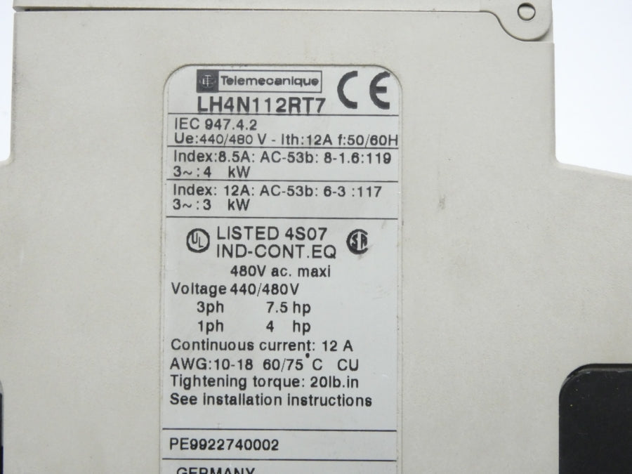 TELEMECANIQUE LH4N112RT7 440/480V 12A NSMP