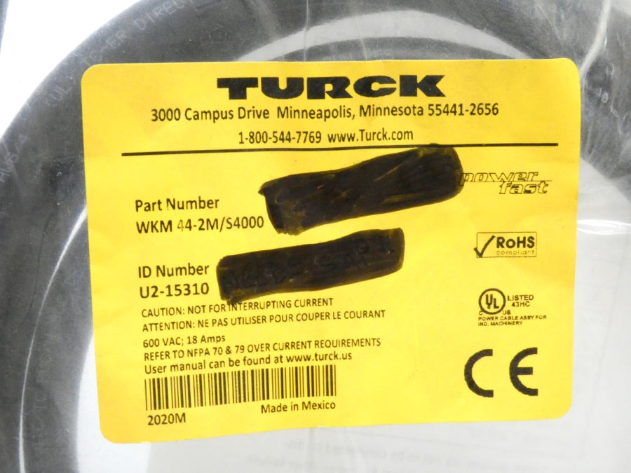 TURCK WKM44-2M/S4000 U2-15310 600VAC 18A NSMP