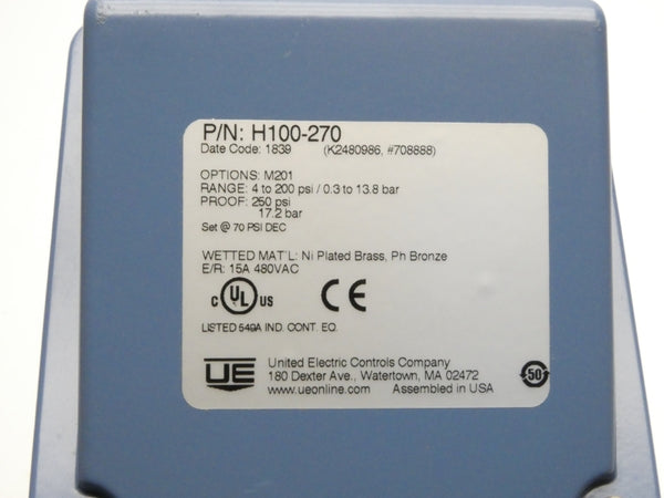 UNITED ELECTRIC H100-270 480VAC 15A 4-200PSI NSNP