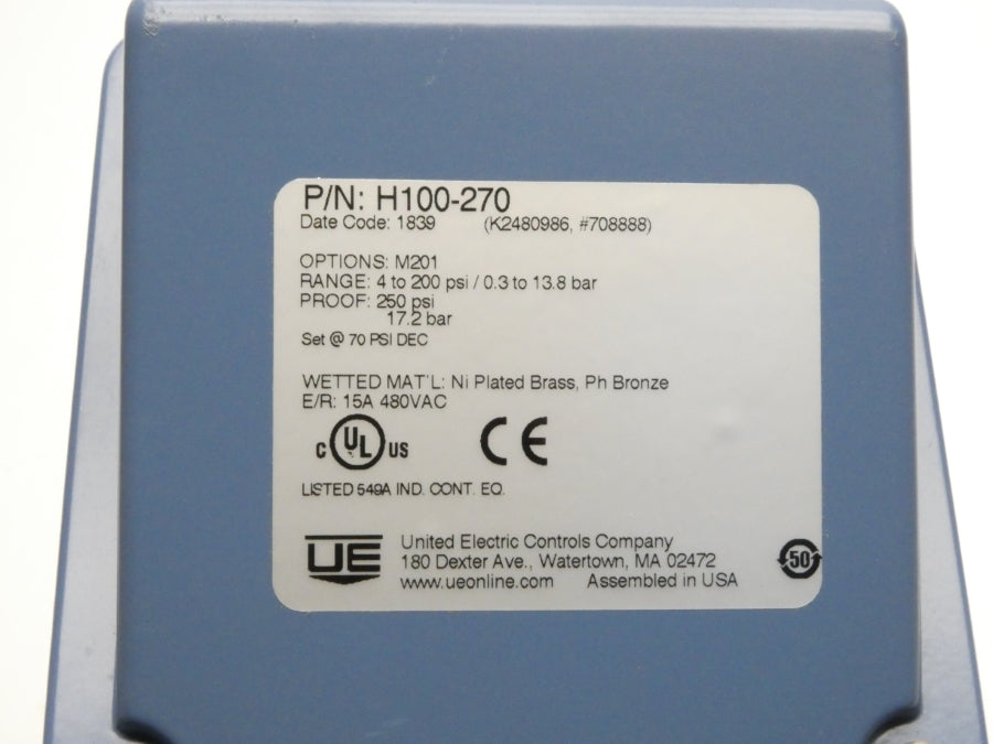 UNITED ELECTRIC H100-270 480VAC 15A 4-200PSI NSNP