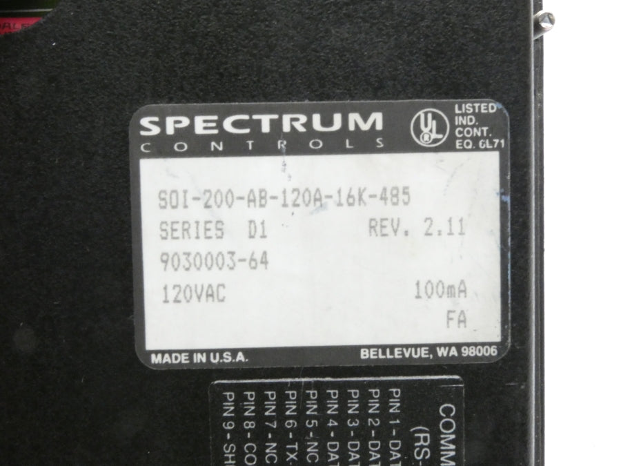 SPECTRUM CONTROLS SOI-200-AB-120A-16K-485 SER. D1 REV. 2.11 120VAC UNMP