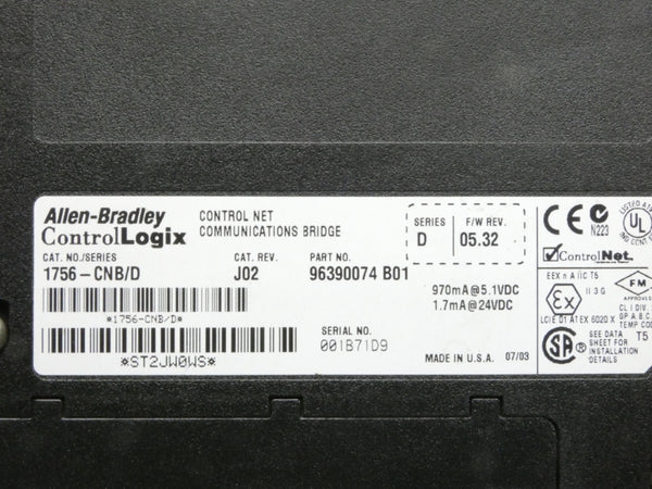 ALLEN BRADLEY 1756-CNB SER. D F/W 05.32 REV. J02 24VDC UNMP