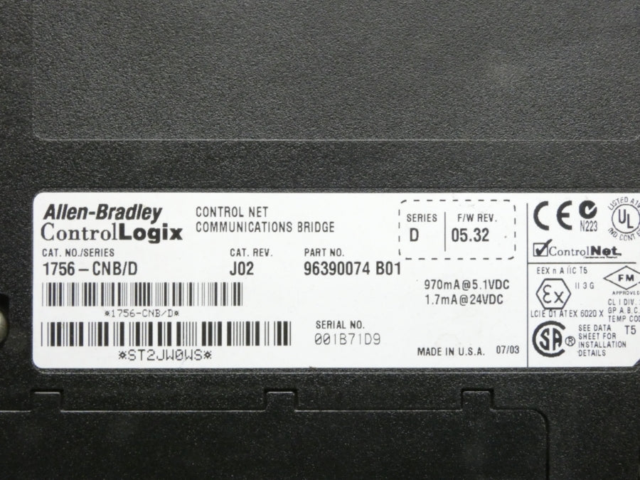ALLEN BRADLEY 1756-CNB SER. D F/W 05.32 REV. J02 24VDC UNMP