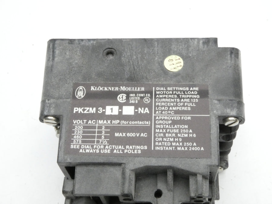 KLOCKNER MOELLER PKZM3-1-NA 600VAC 0.5-0.9A (NO COVER) NSMP