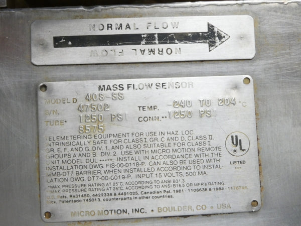 MICRO MOTION 40S-SS 1250PSI UNMP