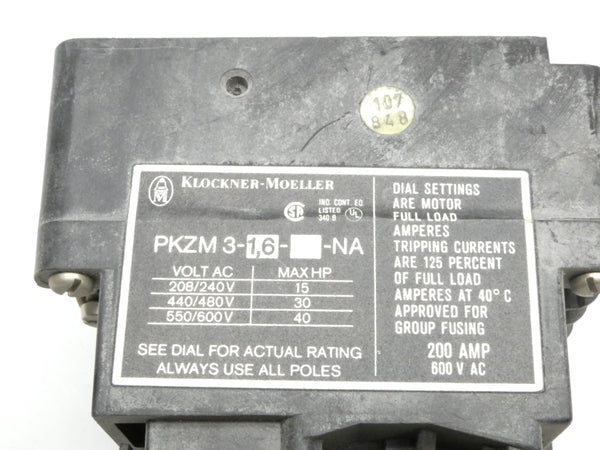 KLOCKNER MOELLER PKZM3-1.6-NA 600VAC 0.8-1.9A UNMP