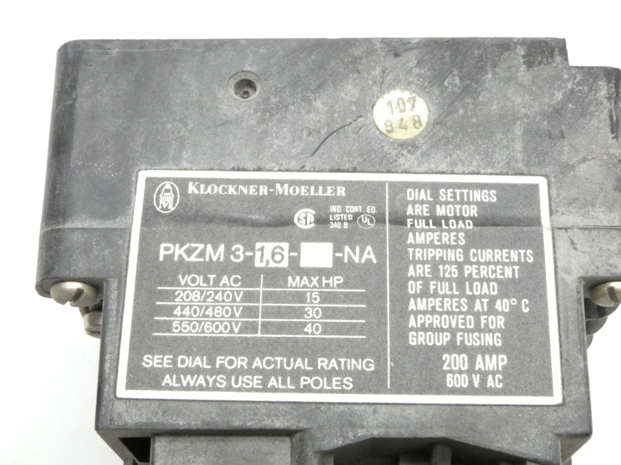KLOCKNER MOELLER PKZM3-1.6-NA 600VAC 0.8-1.9A UNMP