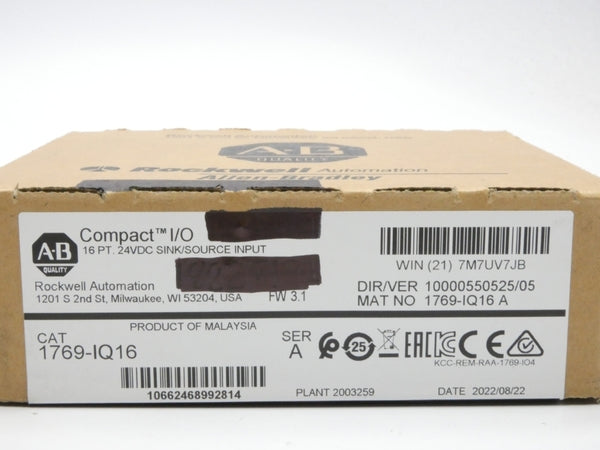 ALLEN BRADLEY 1769-IQ16 SER. A F/W 3.1 VER. 05 24VDC DATE: 2022 NSFS