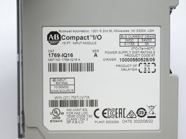 ALLEN BRADLEY 1769-IQ16 SER. A F/W 3.1 VER. 05 24VDC NSMP