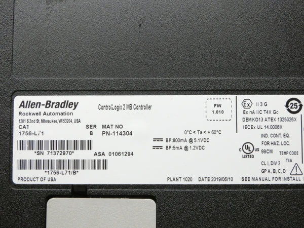 ALLEN BRADLEY 1756-L71 SER. B F/W 1.010 5.1VDC NSNP