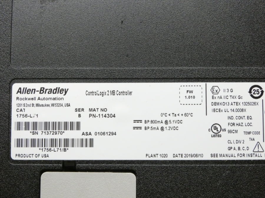 ALLEN BRADLEY 1756-L71 SER. B F/W 1.010 5.1VDC NSNP
