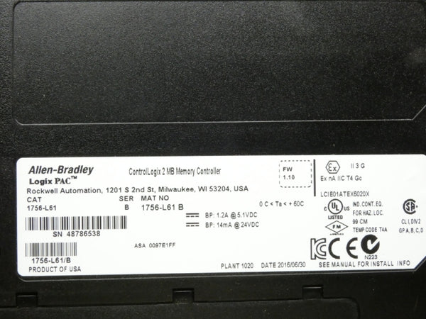 ALLEN BRADLEY 1756-L61 SER. B F/W 1.10 24VDC 1.2A NSMP