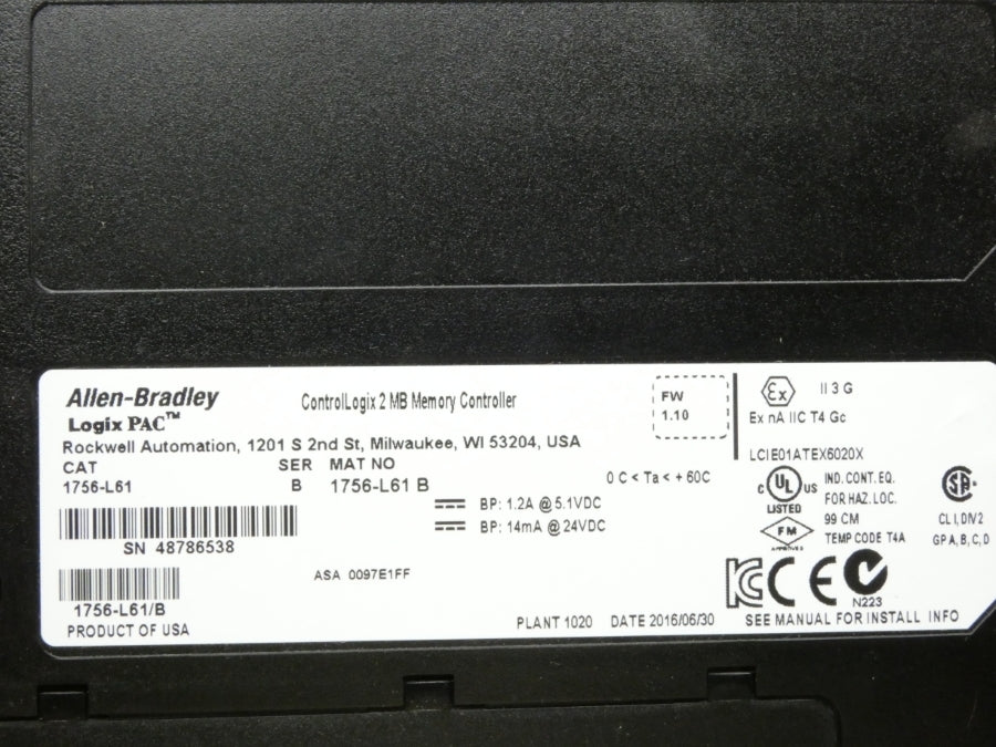 ALLEN BRADLEY 1756-L61 SER. B F/W 1.10 24VDC 1.2A NSMP
