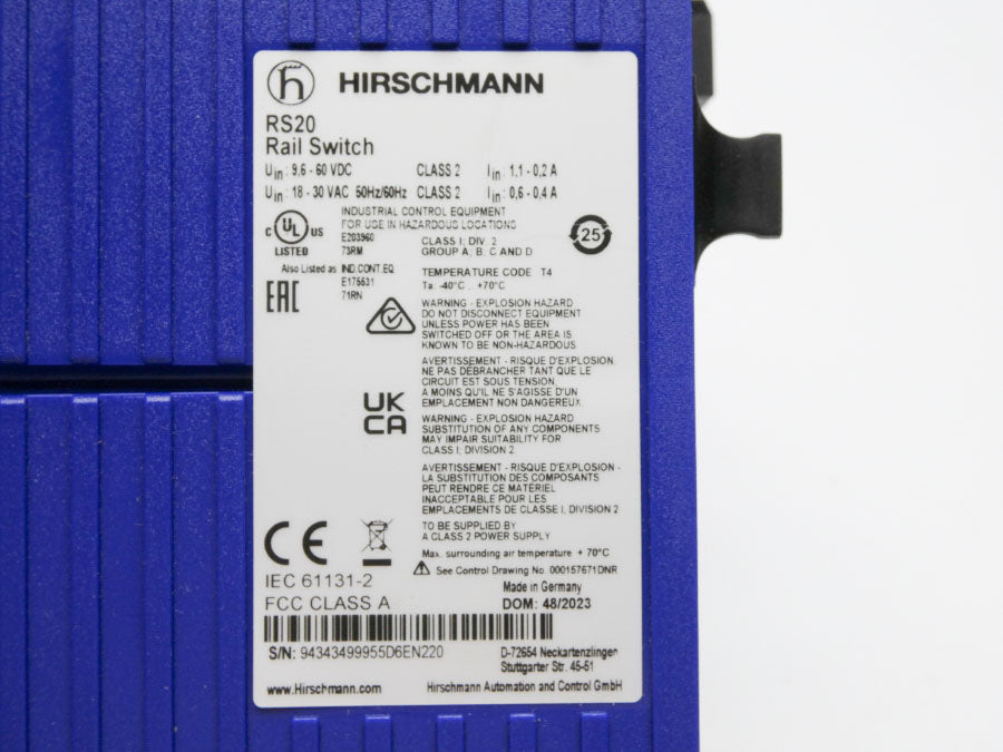 HIRSCHMANN RS20-1600M2T1EDAEHH09.1.00 943434-999 9.6-60VDC 1.1-0.2A NSMP