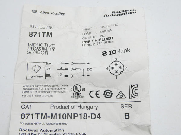 INDUSTRIAL SPARE PART 871TM-M10NP18-D4 SER. B 10-30VDC NSNP
