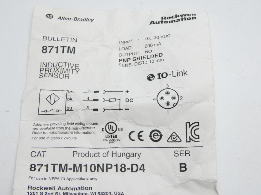 ALLEN BRADLEY 871TM-M10NP18-D4 SER. B 10-30VDC NSNP