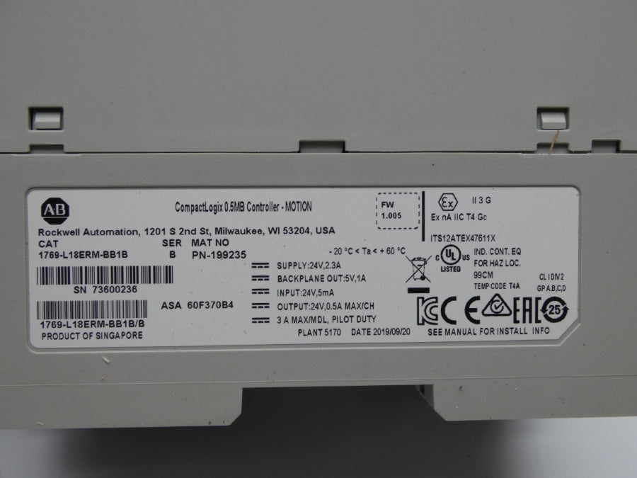 INDUSTRIAL SPARE PART 1769-L18ERM-BB1B SER. B F/W 1.005 24V 2.3A NSMP