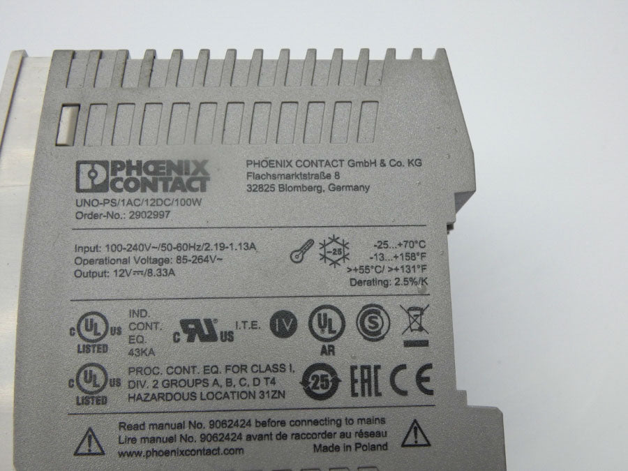 PHOENIX CONTACT UNO-PS/1AC/12DC/100W 100-240V 2.19-1.13A NSNP