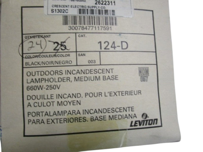 LOT OF 24 LEVITON OUTDOOR INCANDESCENT LAMPHOLDER 124-D NSMP