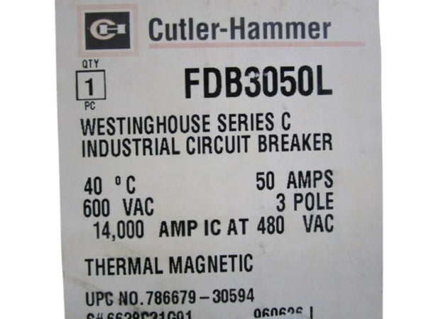 CUTLER HAMMER FDB3050L CIRCUIT BREAKER 50A 600VAC  NSMP