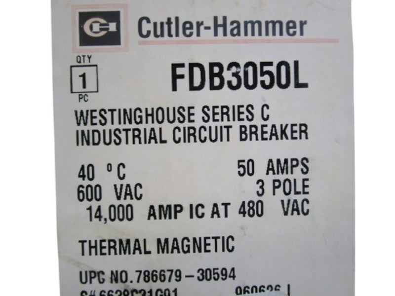 CUTLER HAMMER FDB3050L CIRCUIT BREAKER 50A 600VAC  NSMP