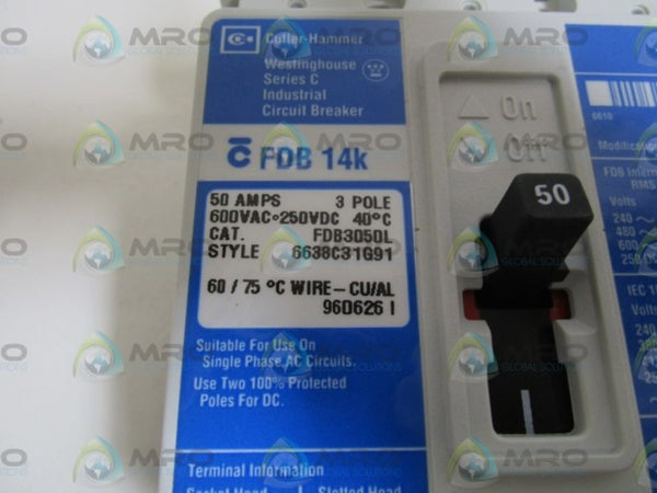 CUTLER HAMMER FDB3050L CIRCUIT BREAKER 50A 600VAC  NSMP
