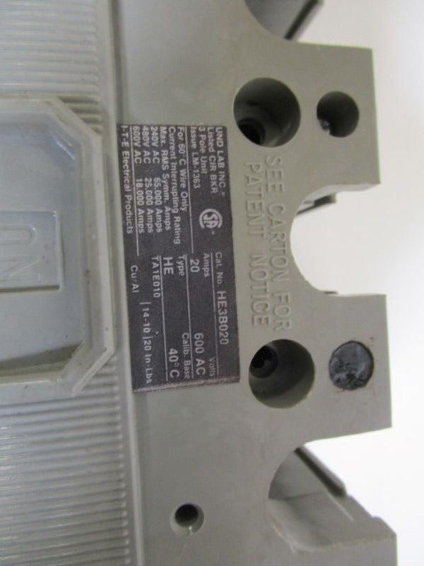 ITE CIRCUIT BREAKER 20AMPS HE3B020 (AS PICTURED)(REPAIRED) UNMP