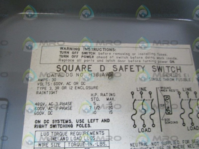 SQUARE D SAFETY SWITCH H361AW UNMP