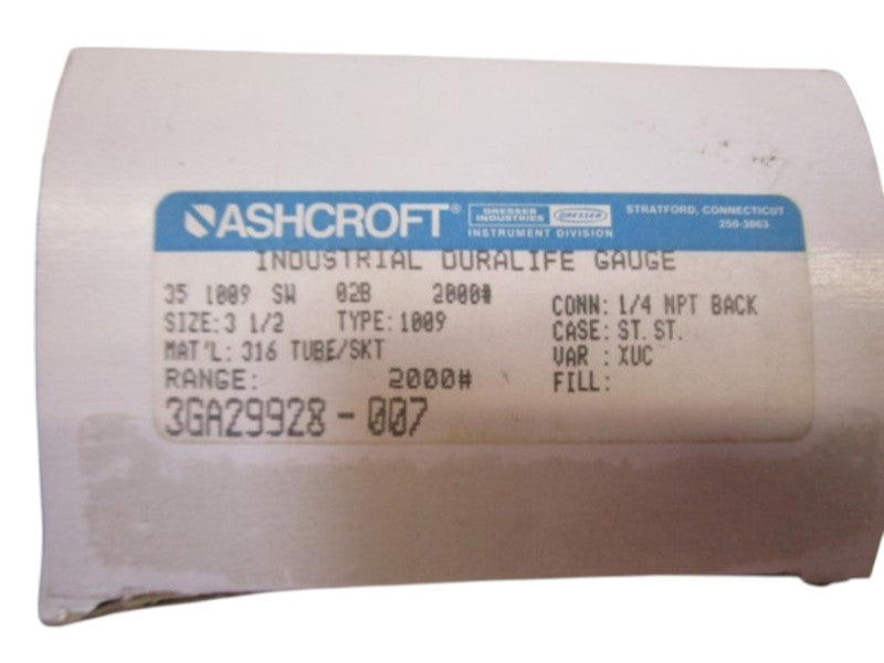 ASHCROFT PRESSURE GAUGE 2000PSI 351009SW02B-2000#  NSMP