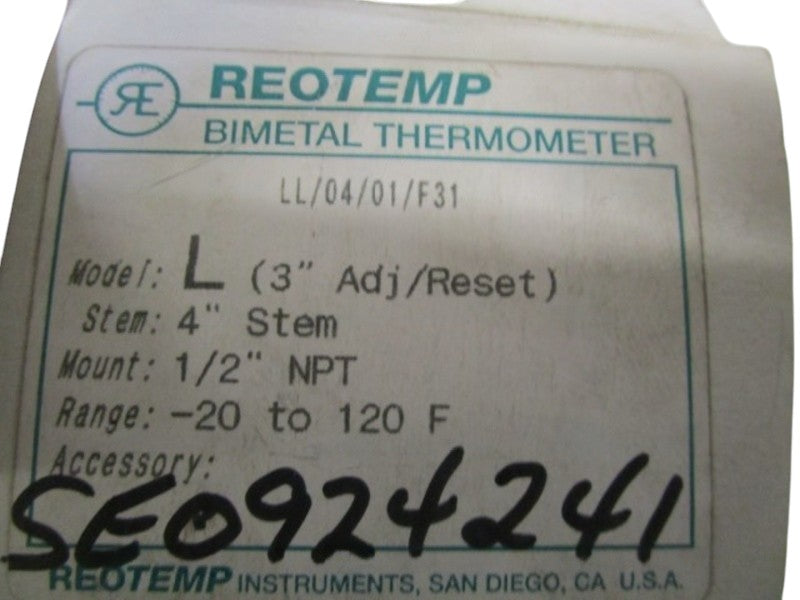 REOTEMP BIMETAL THERMOMETER -20-120F LL/04/01/F31 NSMP