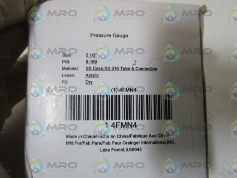 GRAINGER 4FMN4 PRESSURE GAUGE 2-1/2" 0-160 PSI NSMP