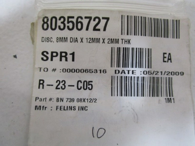 LOT OF 10 FELINS INC. 8MMX12MMX2MM DISC BN73908X12/2 NSNP