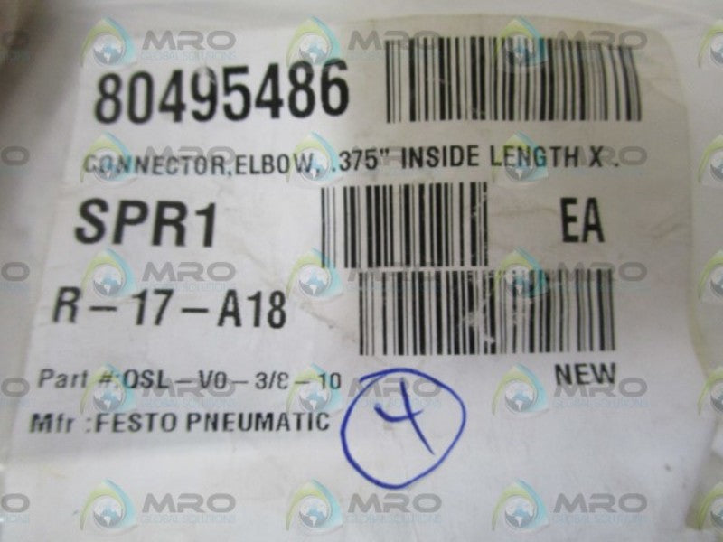 LOT OF 4 FESTO ELBOW CONNECTOR QSL-V0-3/8-10 NSNP