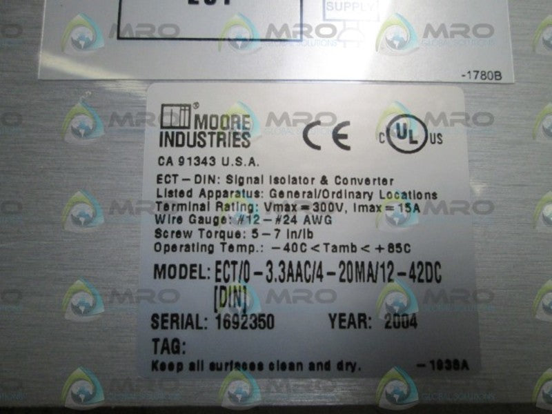 MOORE ECT/0-3.3AAC/4-20MA/12-42DC [DIN] SIGNAL ISOLATOR CONVERTER UNMP