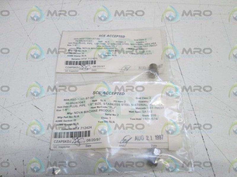 LOT OF 2 PLUG PIPE 1/8" STAINLESS STEEL MATERIAL NSNP