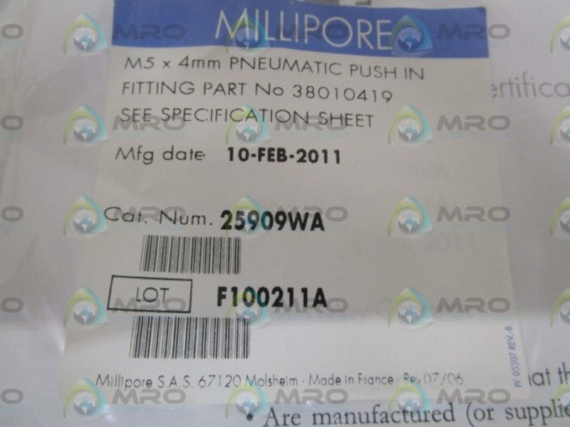 MILLIPORE CORP. PNEUMATIC PUSH IN FITTING 25909WA NSMP