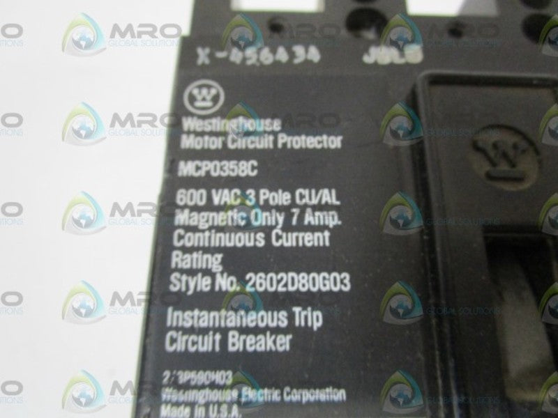 WESTINGHOUSE CIRCUIT BREAKER MCP0358C (CHIPPED ON BOTTOM CB AS PIC) UNMP